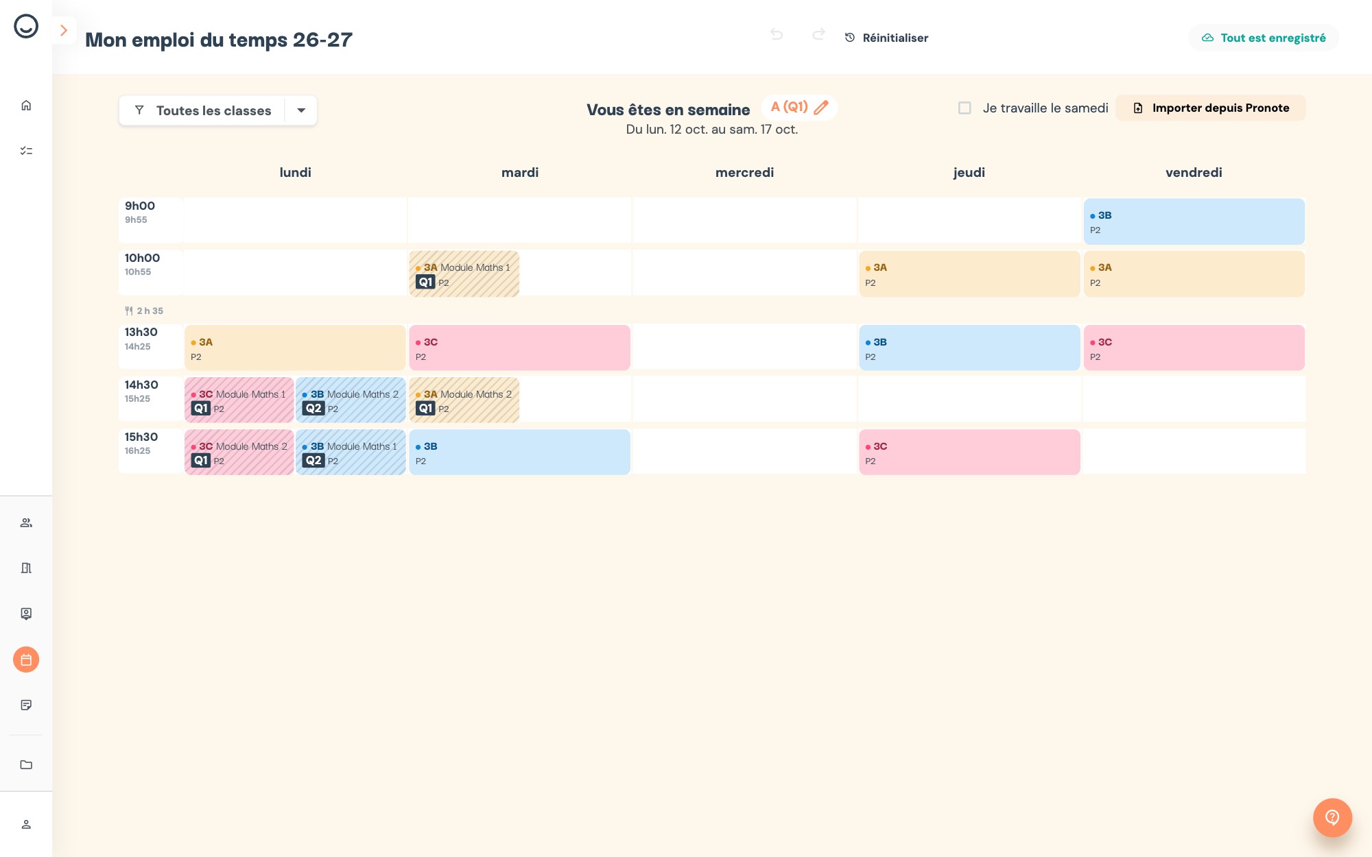 Grille de l'emploi du temps 2026-2027 en semaine A (Q1), avec les heures de sonnerie en colonne de gauche, des cours de 55 minutes, la pause de midi et les cours de 3A, 3B et 3C, dont leurs modules de maths.