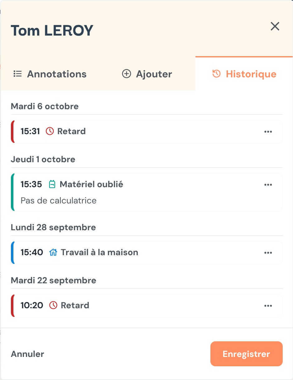 Fiche de l'élève Tom LEROY, onglet Historique : retard le 6 octobre, matériel oublié le 1er octobre avec la remarque Pas de calculatrice, travail à la maison le 28 septembre, retard le 22 septembre.