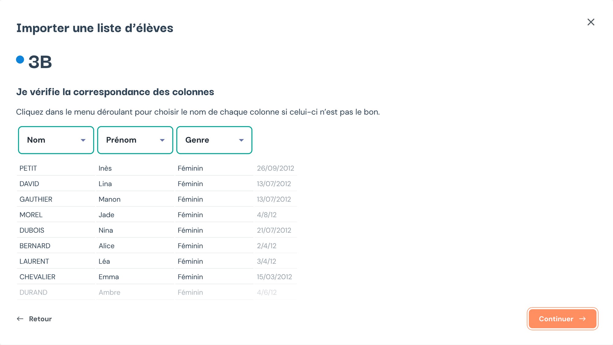 Import d'une liste d'élèves pour la 3B : écran Je vérifie la correspondance des colonnes, avec les colonnes Nom, Prénom et Genre reconnues et l'aperçu des premières lignes.