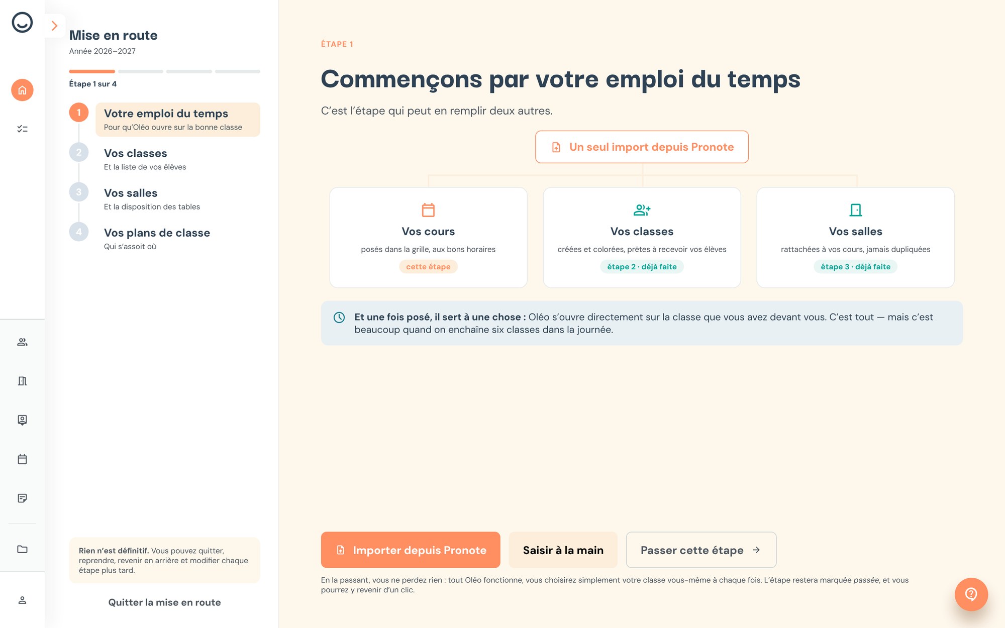 Assistant de mise en route, étape 1 sur 4 : Commençons par votre emploi du temps, avec les boutons Importer depuis Pronote, Saisir à la main et Passer cette étape.