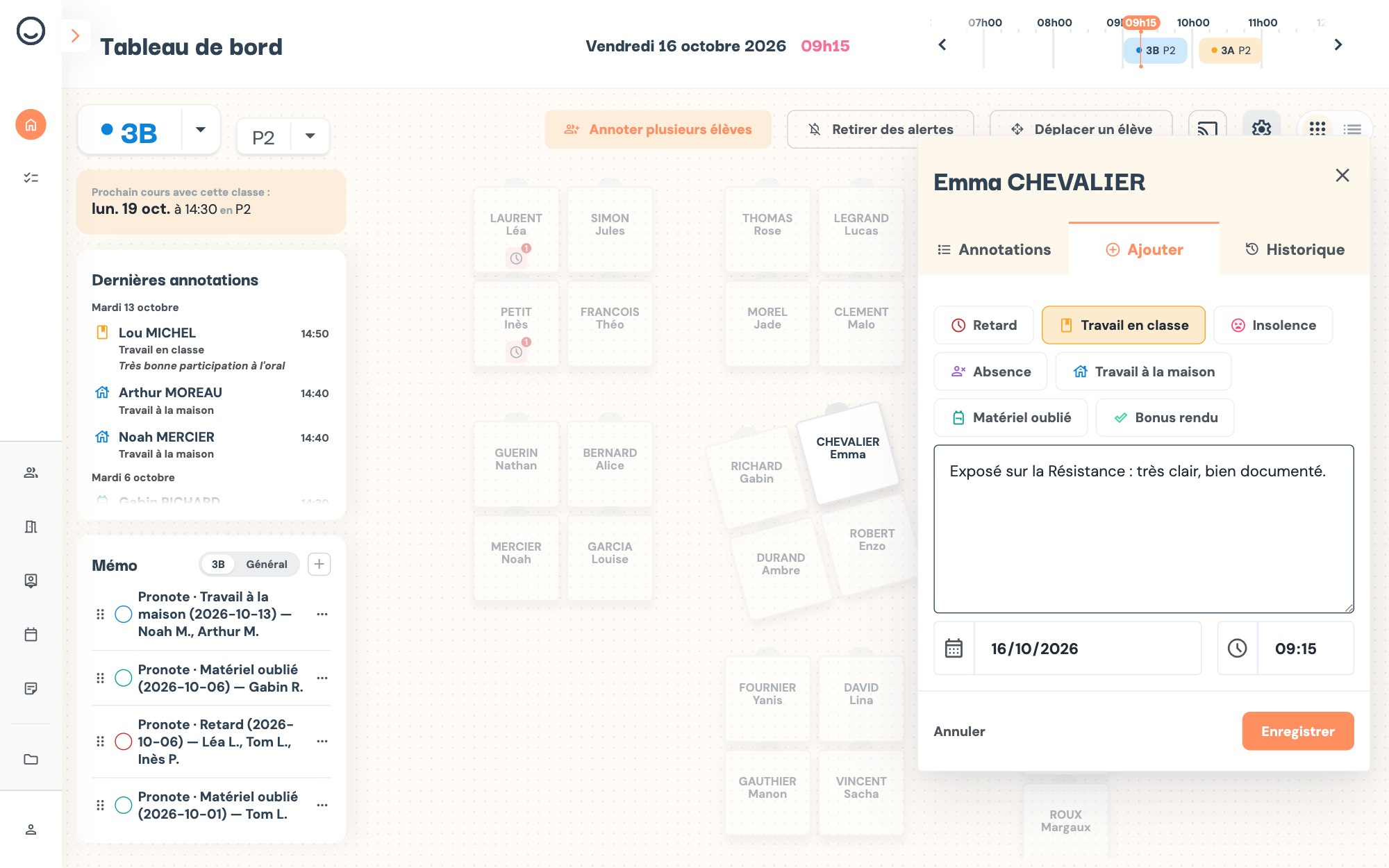 Tableau de bord de la 3B, fenêtre d'Emma CHEVALIER ouverte sur l'onglet Ajouter : la catégorie Travail en classe est choisie, la remarque « Exposé sur la Résistance : très clair, bien documenté. » est tapée, la date et l'heure sont celles du cours.