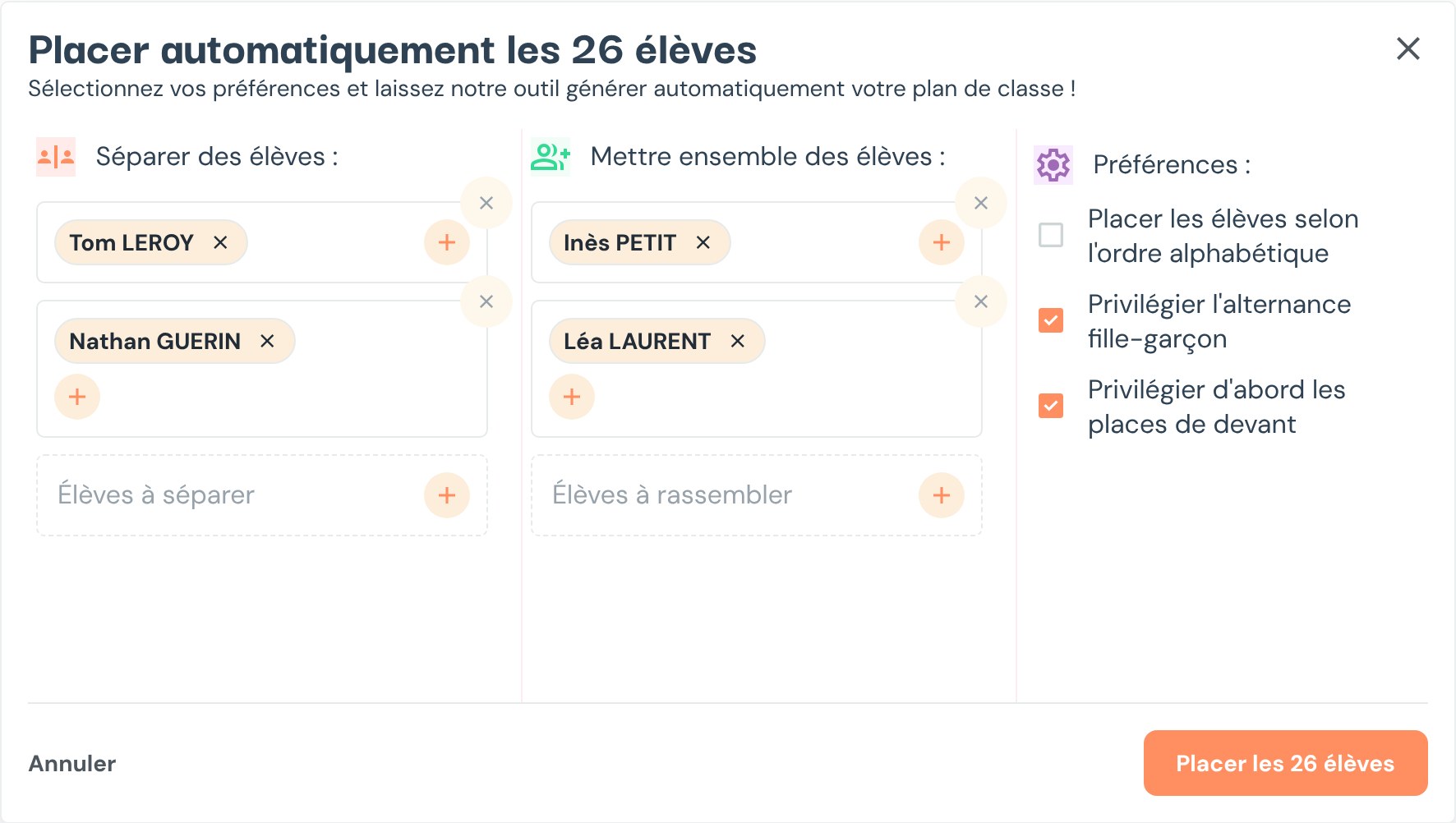 Fenêtre Placement automatique : élèves à séparer, à mettre ensemble, alternance fille-garçon.