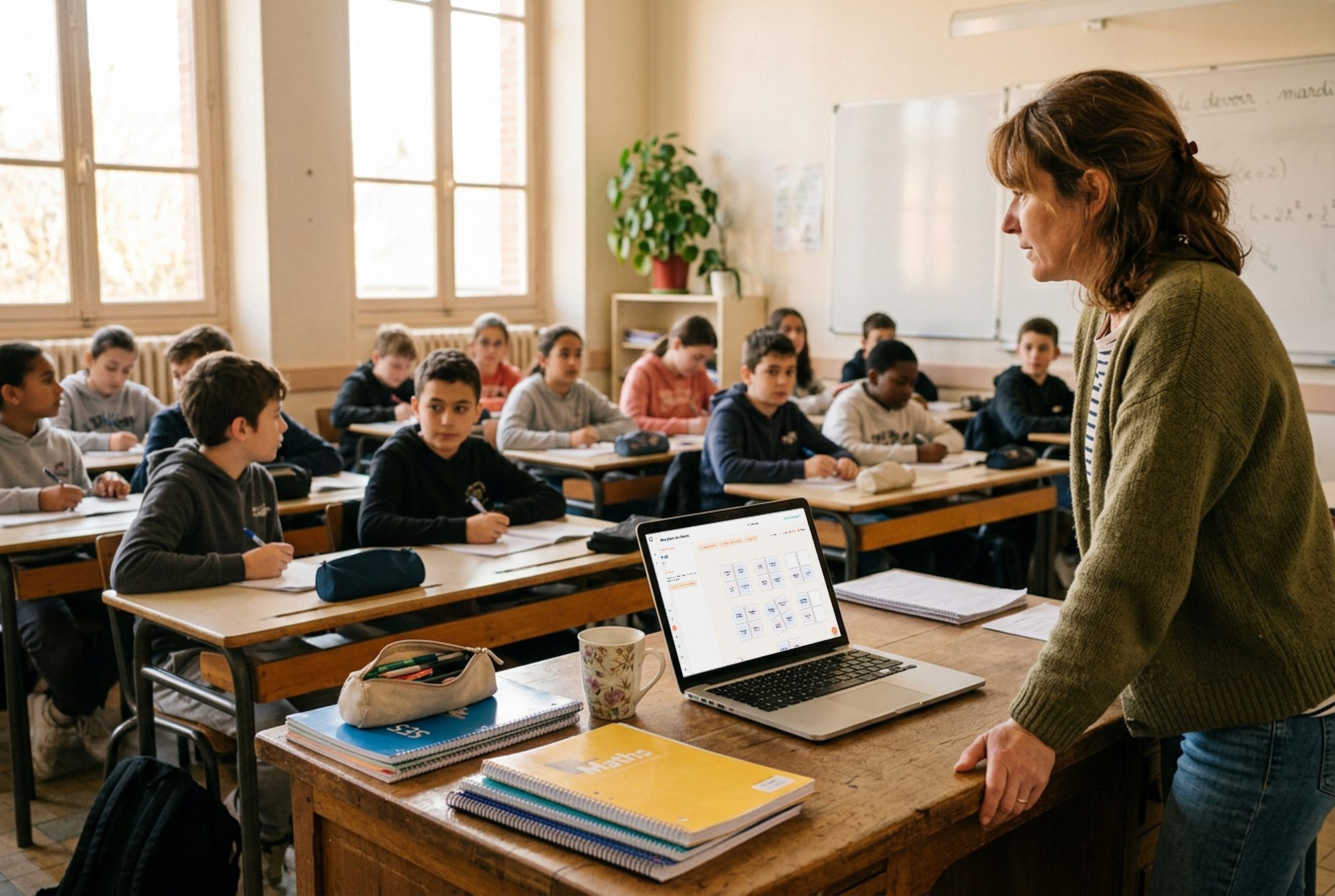 Une professeure debout à son bureau, devant sa classe de quatrième. Sur son ordinateur ouvert, le plan de classe Oléo de la 3B.