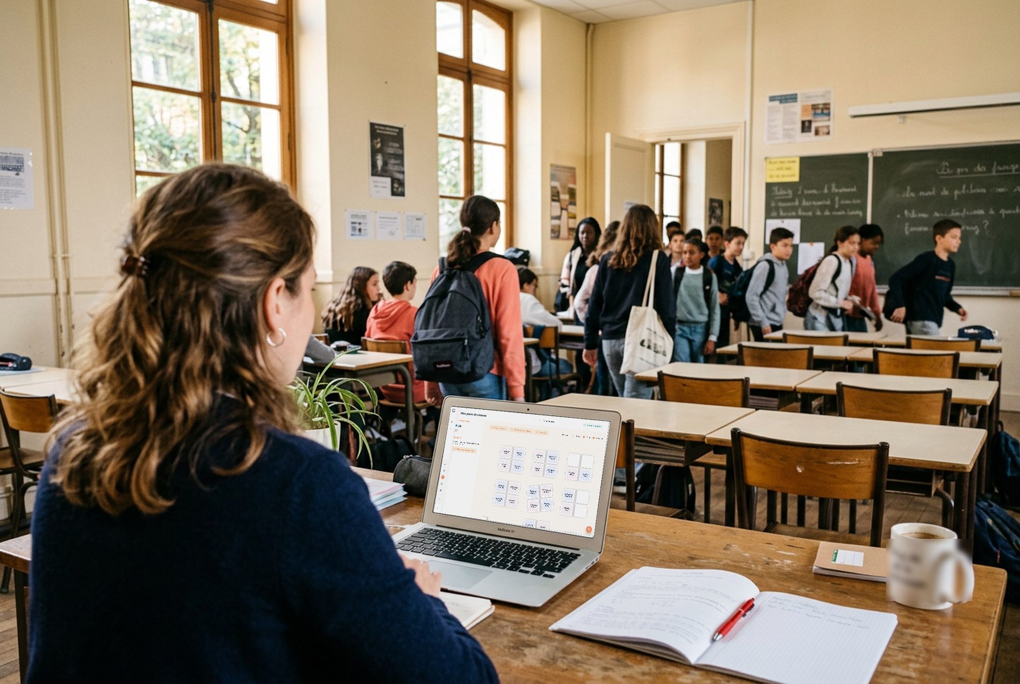 Une professeure à son bureau avant le cours ; sur son ordinateur, le plan de classe Oléo. Ses élèves entrent dans la salle.