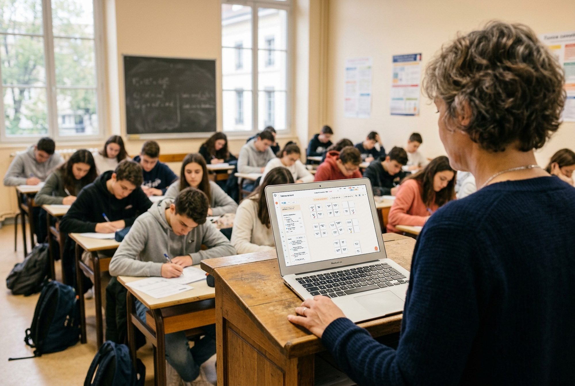Pendant un cours, une professeure debout derrière son ordinateur, qui affiche le tableau de bord Oléo ; ses élèves travaillent.