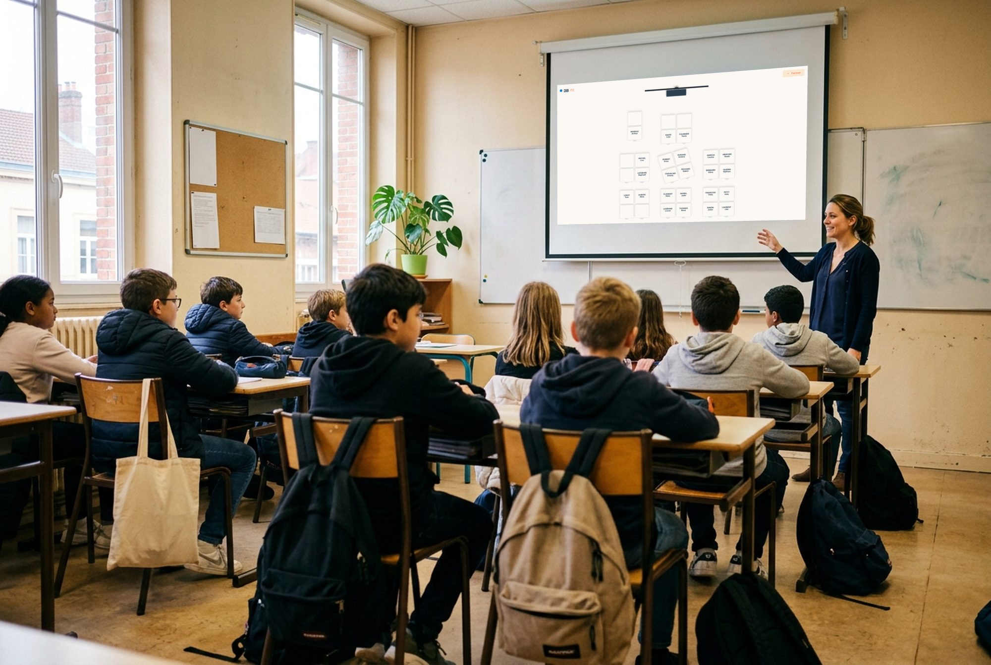 Une professeure projette le plan de classe Oléo au tableau ; ses élèves, de dos, le regardent.