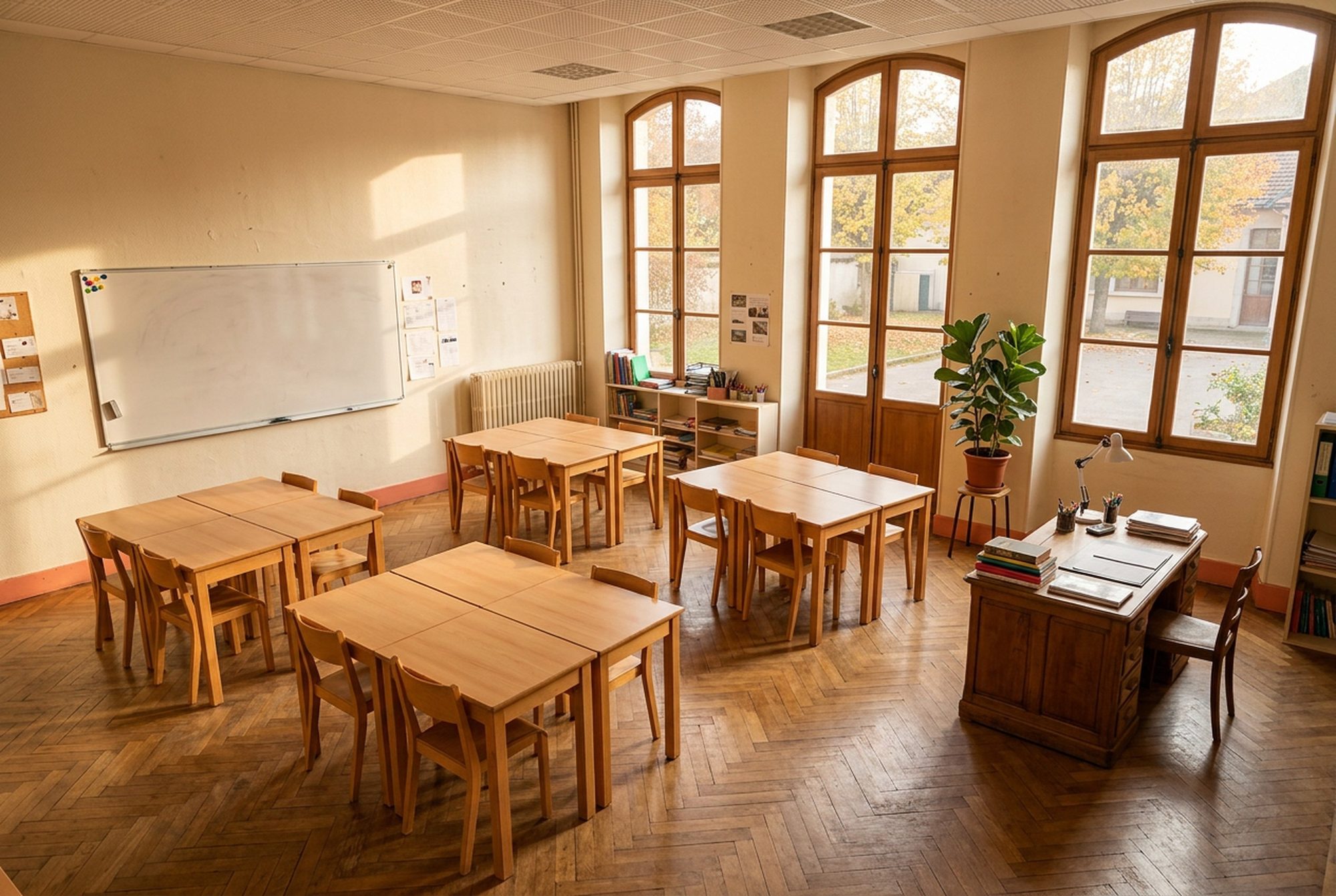 Une salle de classe vide le matin : tables en îlots, tableau au mur, bureau du professeur près de la fenêtre.